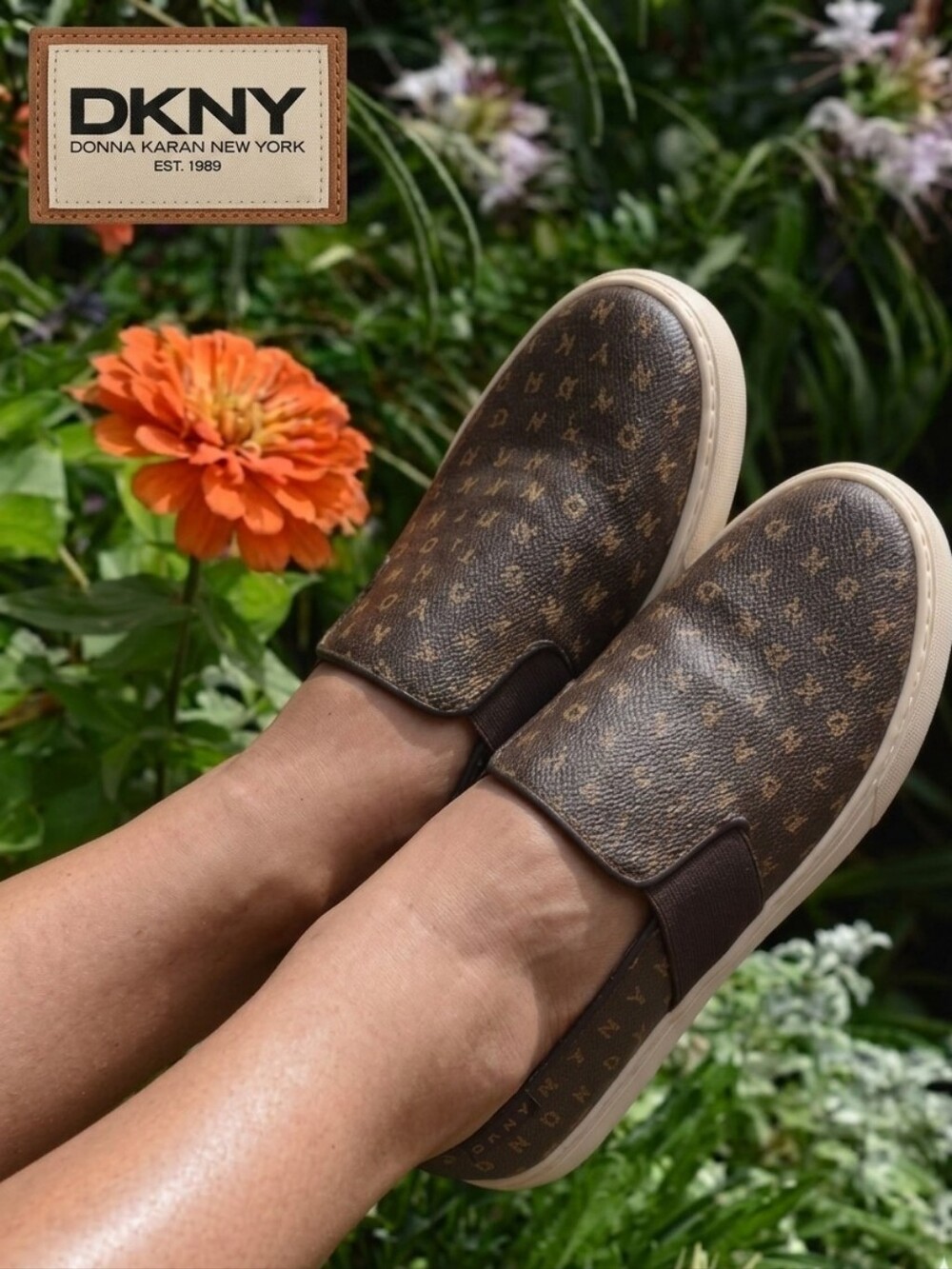 DKNY Brown Monogram Slip-On Loafers for Women